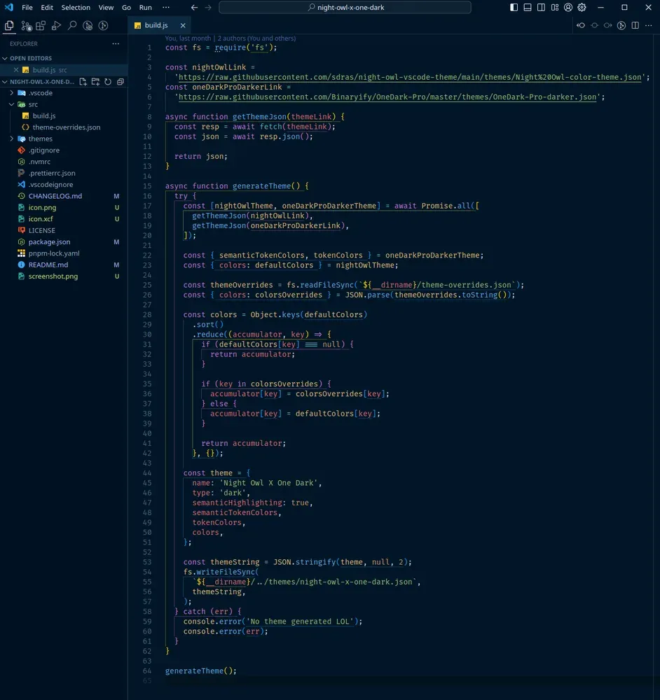 Night Owl X One Dark theme showing colorful JavaScript syntax in Visual Studio Code